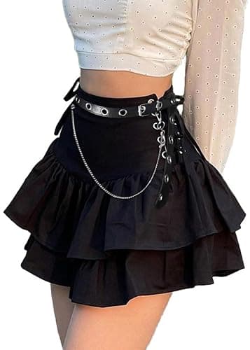 ZUNQKG Womens Y2k Gothic Skirt High Waisted Lace Up Double Layered Ruffles Punk Mini Emo Skirts - Image 1