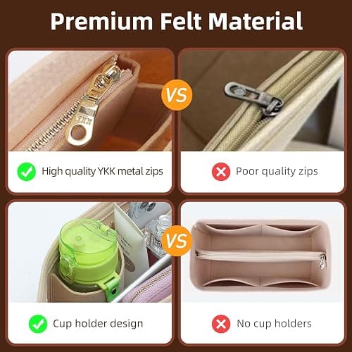 Doxo Felt Purse Organizer Insert for Longchamp Le Pliage Large Bag, Beige | Anti-Pilling Felt Longchamp Organizer Insert, 8 Pockets, Cup Holder, YKK Zipper, Protects Interior, Lightweight Tote Insert thumbnail 6