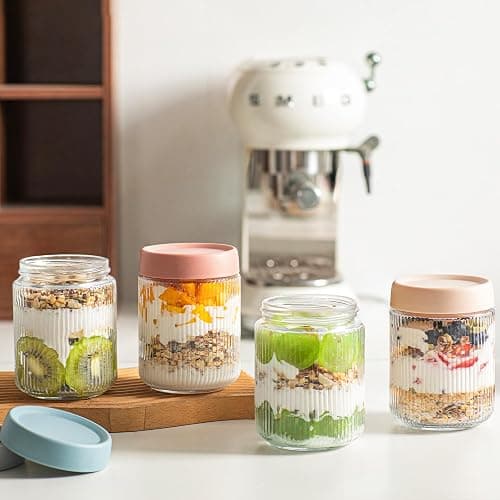 INSETLAN 16oz Glass Overnight Oats Containers with Lids, 6-Pack Mason Jars | Ribbed Glass Mason Jars for Meal Prep, Food Storage Containers for Chia Pudding, Yogurt, Snacks, Fruit & Vegetables, Milk thumbnail 2
