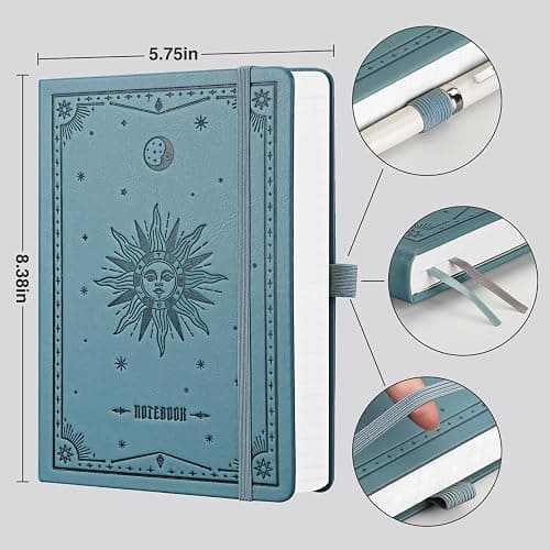 EMSHOI A5 Hardcover Leather Journal - 320 Pages, 100GSM Thick Notebook Lined Journal for Writing Women & Men, College Ruled, SUN Design- Light Blue (5.75" x 8.38") thumbnail 2