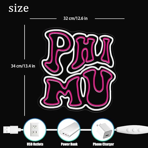 Phi Mu Fraternity Sorority Neon Sign,Dimmable ΦM Pink LED Neon Lights for Wall Decor,Sorority Neon Wall Sign with USB Power Paraphernalia for Birthday Party Decor,12.6x13.4 inches. thumbnail 2