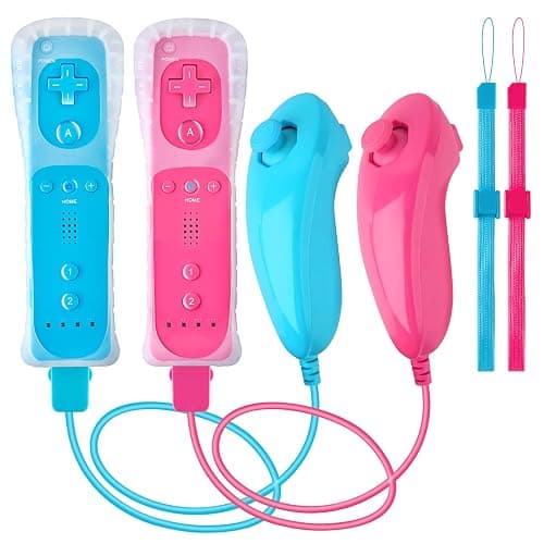 XiQiDianr Wii Remote Controller and Nunchaku Controller,Wii Controller with Nunchuck, Used for Wii/Wii U Console, with Silicone Case and Wrist Strap (Pink+Blue) - Image 1