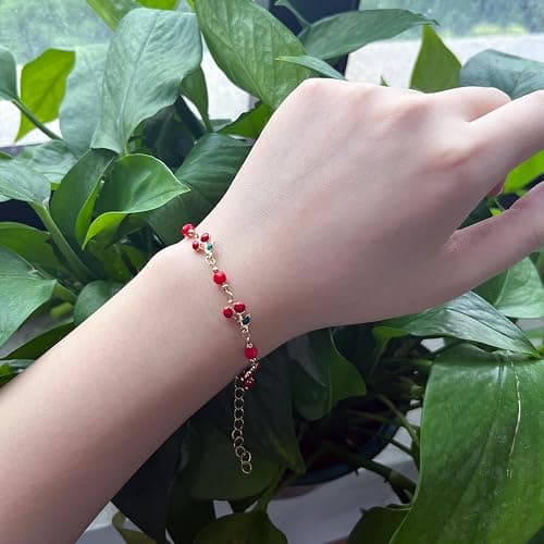 Gold Cherry Bracelet for Women Dainty Cherry Chain Bracelet Colorful Evil Eye Heart Link Bracelet Adjustable Summer Beach Jewelry thumbnail 2
