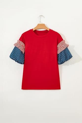Women's Stars and Stripes Blouses Short Puff Sleeve Round Neck Colorblock Shirts Dressy Casual Tops thumbnail 4