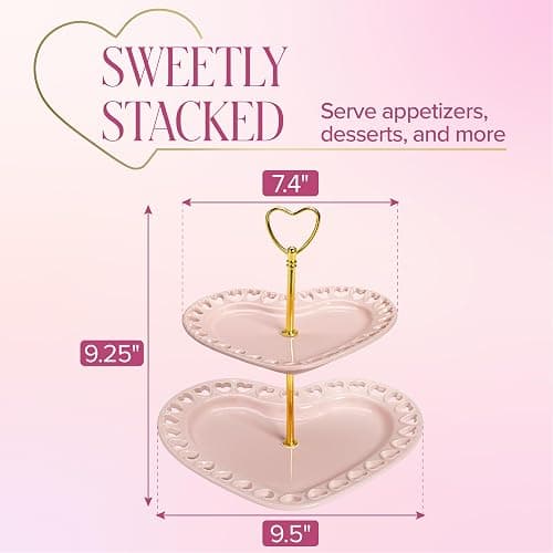 Paris Hilton 2-Tier Heart Serving Tray, Iconic Ceramic Stoneware with Metal Handle, Easy Assembly for Stylish Display, 9-Inch and 7-Inch Plates, Pink thumbnail 2