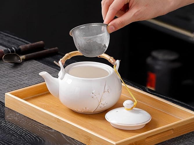 REOWONU Japanese Tea Set, White Porcelain tea set with 1 Teapot(23 oz/660ml), 6 Tea cups(5.3 oz/150ml), 1 Tea Tray, Golden plum blossom relief, Asian tea sets for adults (Golden plum-White) thumbnail 8