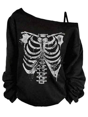 COZYEASE Women's Plus Size Gothic Skull Graphic Tees T Shirt Loose Y2K Tops | Asymmetrical Neck, Long Sleeve, Gothic Shirt, Y2k Off The Shoulder Top, Rave Outfits - Image 1