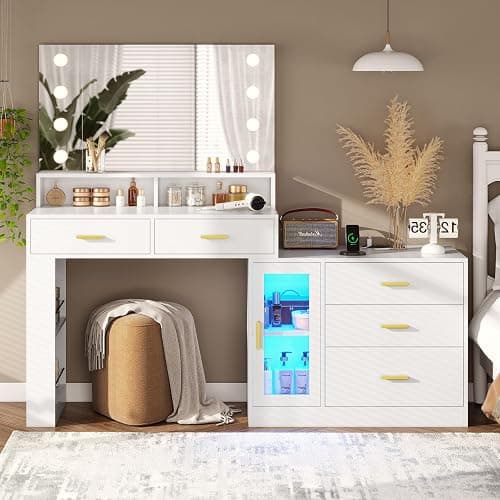 AOGLLATI Makeup Vanity Desk with Mirror and Lights & Charging Station, White Vanity Table with 3 Drawers LED Dresser, Makeup Desk with 3 Lighting Modes, 5 Drawers and Cabinet Storage thumbnail 7