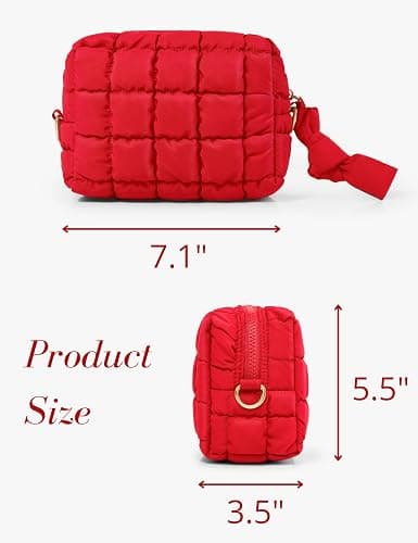 Yarnic Quilted Makeup Bag Puffy Cosmetic Bag, Travel Toiletry Bag for Women, Cute Makeup Bag Organizer Puffer Makeup Pouch (S, Red) thumbnail 5