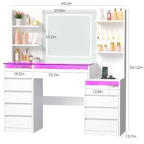 BEWISHOME 49.2" Vanity with Mirror and RGB Lights,Full-View Glass Desktop | White Makeup Vanity Table with 10 RGB Drawers,4 Shelves 5 Hooks and Power Outlet,Dressing Table for Girls Women Bedroom thumbnail 2