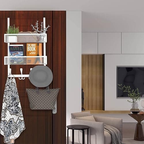 Kaiferty Over The Door Hooks Organizer,Coat Rack with 12 Hooks and 2 Mesh Baskets,Back of Door Storage Organizer for Bathroom,Bedroom,Kitchen,Office(White) - 2 Upgrated Baskets-White thumbnail 2