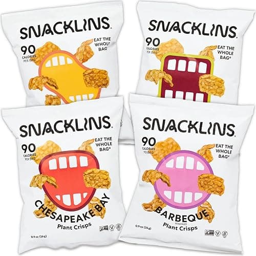 SNACKLINS Plant Based Crisps 4 Flavor Variety - Nacho, BBQ, Teriyaki, Chesapeake Bay - Gluten Free, Grain Free, 100% Kosher, Crunchy Puffed Snack Only 90 Calories Per Bag - .9oz Bag (Case of 12) - Image 1
