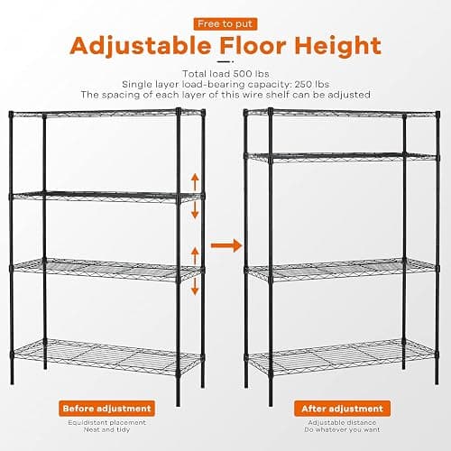 HCY 4-Tier Wire Shelving Unit Storage Shelves Shelf Organizer 54"x36"x14" Heavy Duty Metal Storage Rack NSF Height Adjustable for Laundry Bathroom Kitchen Garage Pantry Organization(Black) thumbnail 5