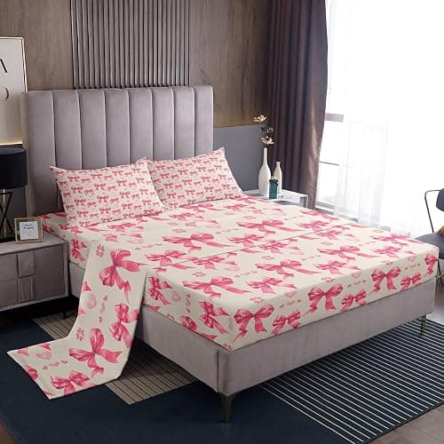Manfei Cute Bowknot Fitted Sheet Set Full Size 4 Pcs,Dreamy Pink Bow Princess Style Teens Sheets,Watercolor Love Hearts Graffiti Girly Bedding Sets (1 Fitted,1 Flat,2 Pillowcases) Bed Sheets - Image 1