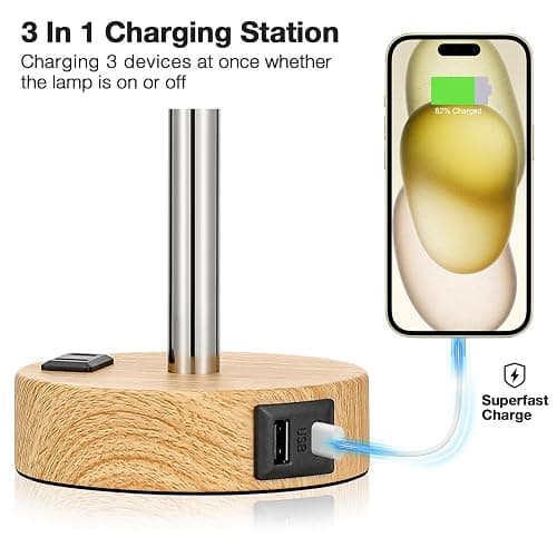Fenmzee Bedside Table Lamp for Bedroom - Dimmable Touch, USB A+C, AC Outlet | 3-Way Dimmable, LED Bulb Included, Fabric Lampshade, Wood-Grain Metal Base, 14" Small Nightstand Lamp for Desk, Living Room thumbnail 3