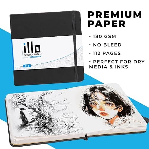 illo Sketchbook 8’’ x 8’’ Square Hardcover Sketch Book, (112lb/180gsm) Heavyweight Paper, Ribbon Marker, Back Pocket, Lays Flat, Minimal Bleed, Vegan, for Artists & Beginners thumbnail 3