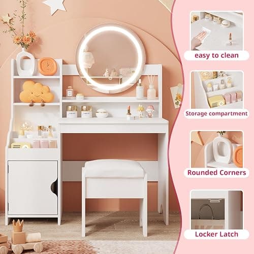 Vabches Kids Vanity with Lights, Toddler Vanity Table and Chair Set | Princess Makeup Vanity Desk with Open Bookshelf, Storage Cabinet & Shelves, Pretend Play Vanity Set for Little Girls, White thumbnail 4