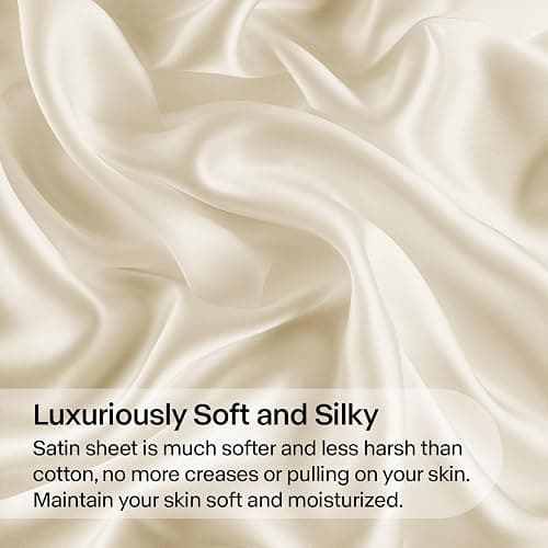 BEDELITE Satin Sheets Full Size Bed Set, Luxury Soft Beige Silky Sheet for Hair and Skin, Similar to Silk Bed Sheets Set 4 Pieces with 1 Deep Pocket Fitted Sheet, 1 Flat Sheet, and 2 Pillowcases thumbnail 3
