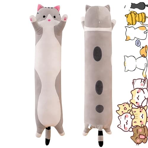 Rexinc Long Gray Cat Plush Pillow Toy Sleeping Pillow Cute Cartoon Cat Stuffed Animals Soft Long Body Pillow Gift for Kids(35.43in) - Image 1