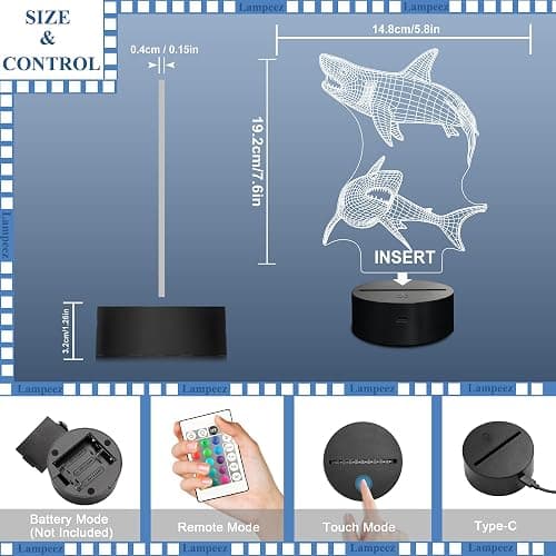 Lampeez Shark Gifts for Boys – Kids Shark Night Light 3D Optical Illusion Lamp with 16 Colors & Remote Control, Cool Shark for Boys Girls Birthday thumbnail 8