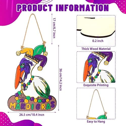 Mardi Gras Decorations, Wooden Pelican Sign for Mardi Gras Front Door Hanger, New Orleans Carnival Signs Decor Wreath Mantel Home Wall Porch for Holiday Hanging Decorations Outdoor Indoor thumbnail 3