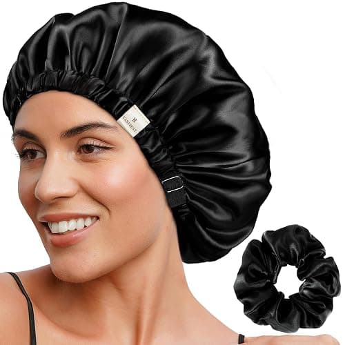 YANIBEST Adjustable Satin Bonnet Double Layer Hair Bonnet for Sleeping Bonnets for Women Hats Curly Natural Hair, Black - Image 1