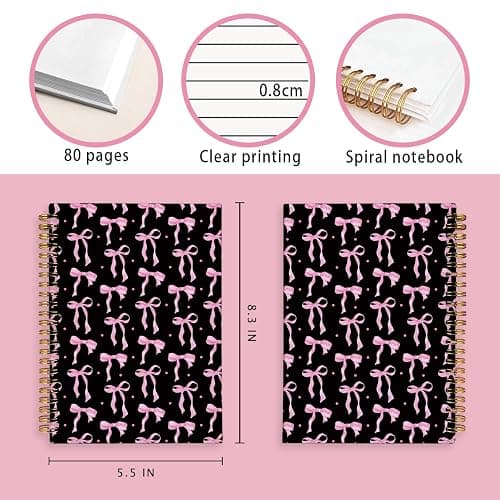 LIANGW Coquette Pink and Black Bow Notebook Journal for Teen Girls & Women, Preppy Cute Journal Gifts for Women, Pink Girly Gifts, Black Office Supplies, Hardcover Spiral Notebook, 5.5x8.3 Inch thumbnail 3