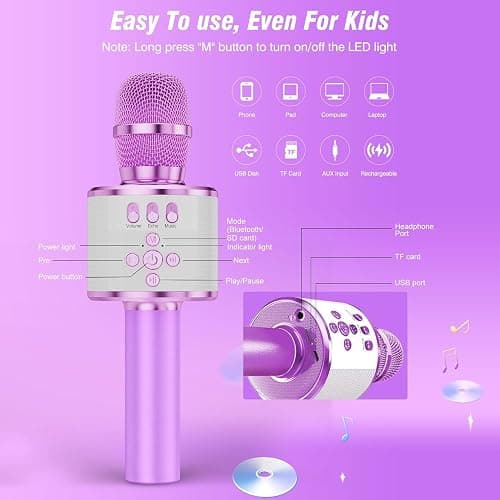 BONAOK Karaoke Microphone for Kids & Adults - Bluetooth Microphones Singing Mic with Disco Lights, Echo Effect, Built-in Speaker Portable Karaoke Player for Party Travel Gifts Q78(Light Purple) thumbnail 6