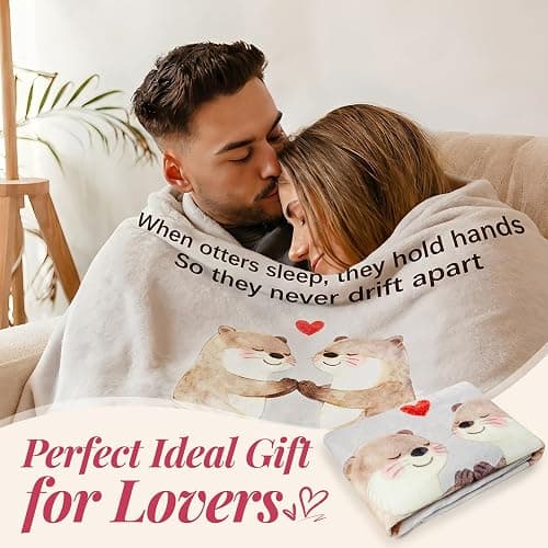 Gifts for Her Him Romantic Anniversary Flannel Blanket for Boyfriend Girlfriend Men Women, Soft Husband Wife Engagement Throw for Wedding Christmas Birthday Valentines Day 60"x50", Otters thumbnail 4