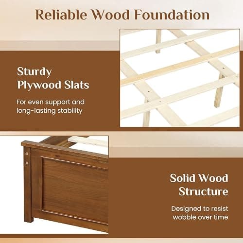 Giantex Wood Queen Size Bed Frame with Headboard, Farmhouse Solid Platform Bed w/Wooden Slat Support Mattress Foundation, Under-Bed Storage, No Box Spring Needed, Walnut thumbnail 5