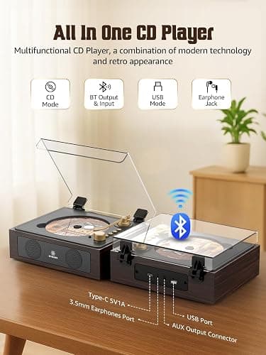 CD Player with Built-in Speakers Bluetooth Retro Portable CD Players for Home Music Player with Remote Control Headphone Jack Walnut Brown thumbnail 4