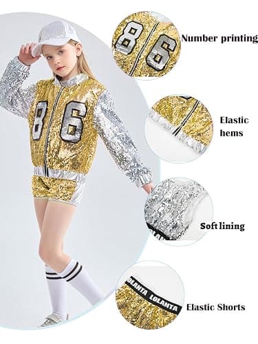 LOLANTA 4-Piece Girls Hip Hop Sequins Costume, Sparkly Graphic Jacket, Shiny Crop Tank Top, Metallic Shorts,4-15 Years thumbnail 3