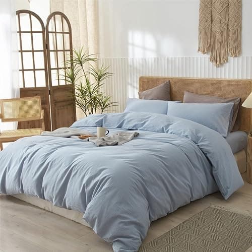LIFETOWN 100% Washed Cotton Duvet Cover Set Linen Feel Natural Wrinkle Lightweight Comfy (Queen, Cornflower Blue) thumbnail 2