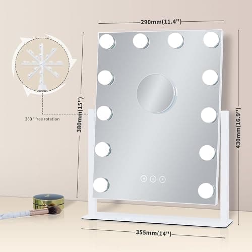 Kotdning Vanity Mirror with Lights,Lighted Vanity Mirror with 12 Dimmable Bulbs for Dressing Room & Bedroom,3 Color Lighting,Modes Detachable 10x Magnification 360°Ratation (White) 14.6" L x 17" W thumbnail 2