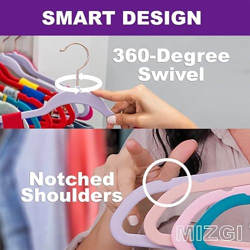 MIZGI Premium Velvet Hangers (50 Pack) Heavy Duty - Non Slip Felt Hangers - Velvet Suit Hanger Ivory - Rose Gold Hooks,Space Saving Clothes Hanger thumbnail 4