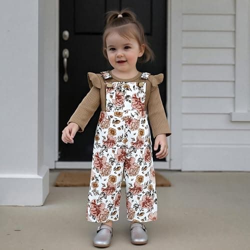 Lucikamy Newborn Baby Girl Fall Outfits Ribbed Long Sleeve Rompers Suspender Overalls Pants Sets Infant 2Pcs Clothes thumbnail 2