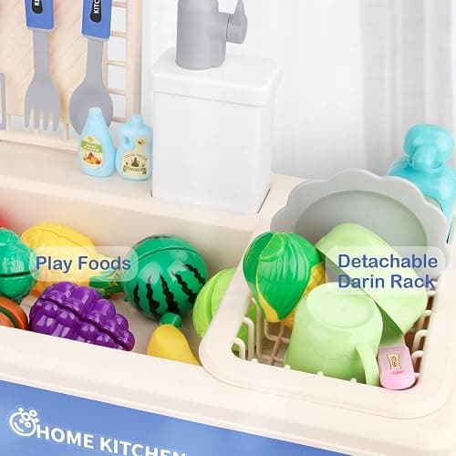 deAO Play Kitchen Toy Sink Toys with Cutting Food,Dishwasher Playing Toy with Running Water, Role Playing Game Pretend Food,44 PCS Kitchen Accessories Set for 3 4 5 Years Old Girls Boys Blue thumbnail 5