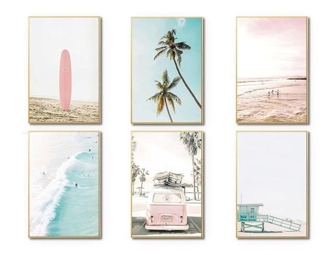 6 Pcs Casual Beach Wall Art 8x10 In Preppy Girl Gallery Wall Decor Tropical Sunbathing Coast Surfboard Bus Canvas Poster Prints Coastal for Bedrooms Living Rooms Ocean View Rooms Dorms - Image 1
