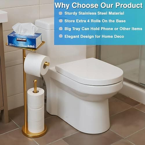 Gold Toilet Paper Holder with Shelf, Freestanding Tissue Holder Stand with Storage Space for Extra 4 Toilet Paper Rolls (Stainless Steel Base, Gold) thumbnail 3