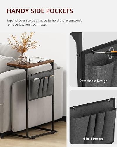 Vantic C Shaped End Table, Small Side Table for Couch | Chair Side Table for Recliner, Slide Under Sofa Tray Desk with Storage Bag for Living Room and Bedroom, Rustic Brown thumbnail 7