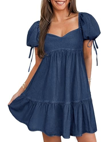 POTILI Denim Dress for Women Puff Short Sleeve Jean Dresses Sweetheart Neck Denim Mini Dress - Image 1