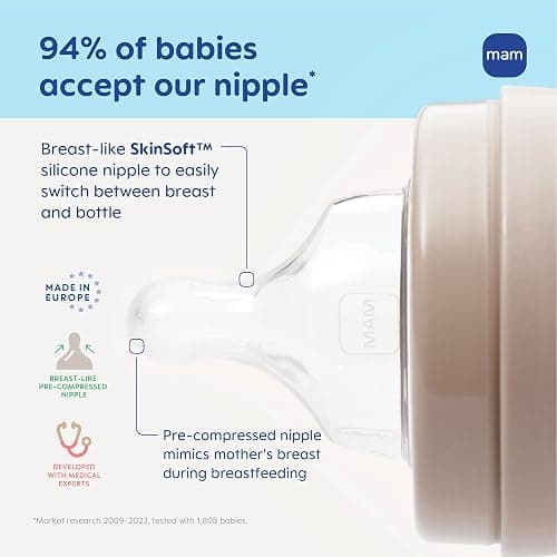 MAM 9oz Easy Start Anti-Colic Wide Neck Vented Baby Bottle, Medium Flow Breastfeeding-Like Nipple, Reduces Colic Gas & Reflux, Easy to Clean, BPA Free, 2+ Months, Made in Europe, 2 Pack, Unisex thumbnail 4