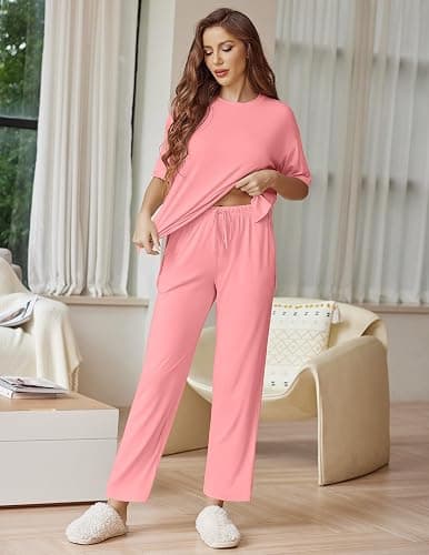 Ekouaer Lounge Sets for Women Short Sleeve Tops and Long Pants Soft Comfy Pajamas Set 2 Piece Outfits S-XXL thumbnail 4