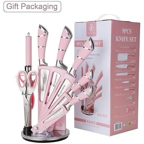 Kitchen Knife Set, Retrosohoo 9-Pieces Pink Sharp Non-Stick Coated Chef Knives Block Set,Stainless Steel Knife Set for Kitchen with Sharpener for Cutting Slicing Dicing Chopping (Pink) thumbnail 5