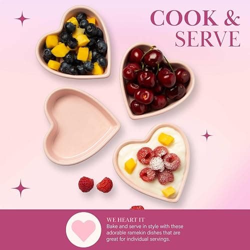 Paris Hilton Heart Shaped Ramekin Set, Mini Ceramic Ramekins, Oven Safe Baking Dishes, Dishwasher Safe, Stoneware Made without PFOA, 4-Piece Set, Pink thumbnail 4