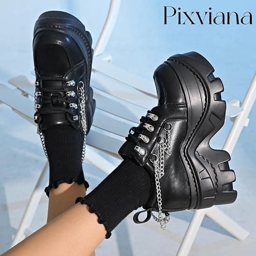 Pixviana Women's Platform Sneakers Fashion Wedge Chunky Black Casual Y2K Bride Wedding Sneaker Heels Platform Shoes for Women with Chains plataformas de Mujer Size 5.5-11 thumbnail 6