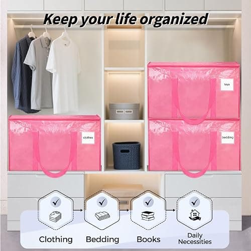 8 Pack Extra Large Heavy Duty Moving Bags, Pink Storage Bins with Lids, Reinforced Handles & Heavy-Duty Zippers Moving Boxes Storage Bags Totes for Clothes Packing, Dorms, College Supplies, Pink thumbnail 7