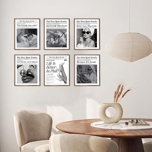uniro Trendy Newspaper Wall Art Prints, Vintage Black & White Newspaper Wall Decor Aesthetic Pictures, Retro Girly Dorm Room Decor, Funky Bathroom Wall Decor Disco Poster for Teen Girl Bedroom Apartment, Bar Cart decor - Unframed thumbnail 2