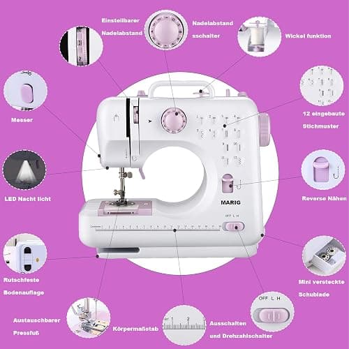 Mini machine à coudre pour débutants par MARIG - Petites machines à coudre électriques portables avec 2 vitesses 12 motifs de points intégrés thumbnail 8
