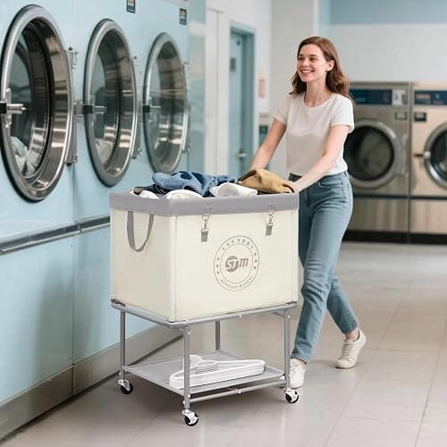 STORAGE MANIAC Rolling Laundry Cart with Storage Shelf, Heavy Duty Industrial Laundry Basket with Wheels, Commercial Metal Frame Clothes Hamper with Canvas Bag for Dorm, Closet, Bedroom, Beige thumbnail 2